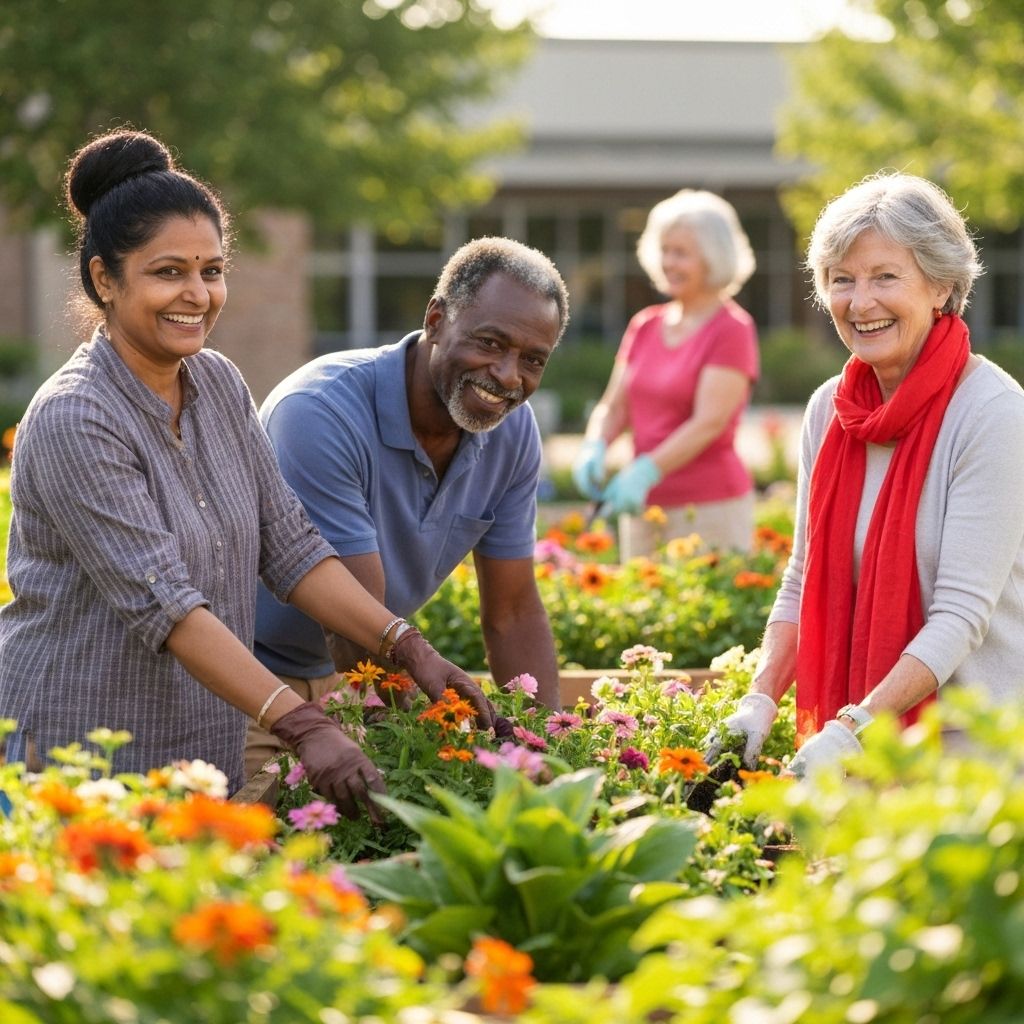 diverse group of active seniors in community setti